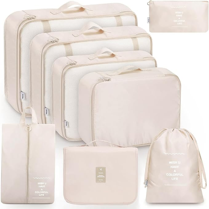8 Beige Lightweight Travel Packing Cubes