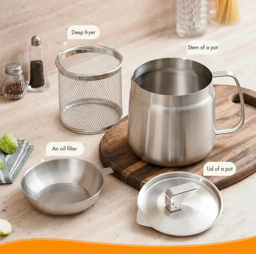 68oz 201 Stainless Steel Deep Fryer Pot with Basket & Strainer, Large Capacity Bacon Grease Container for Kitchen,Frying, Cooking, Camping,Oil Filter Container – Dishwasher Safe