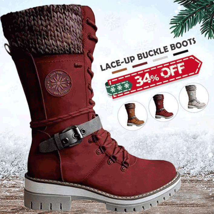 Louise Boots – Women Buckle Lace Knitted Mid-calf Boots – Happy Shop